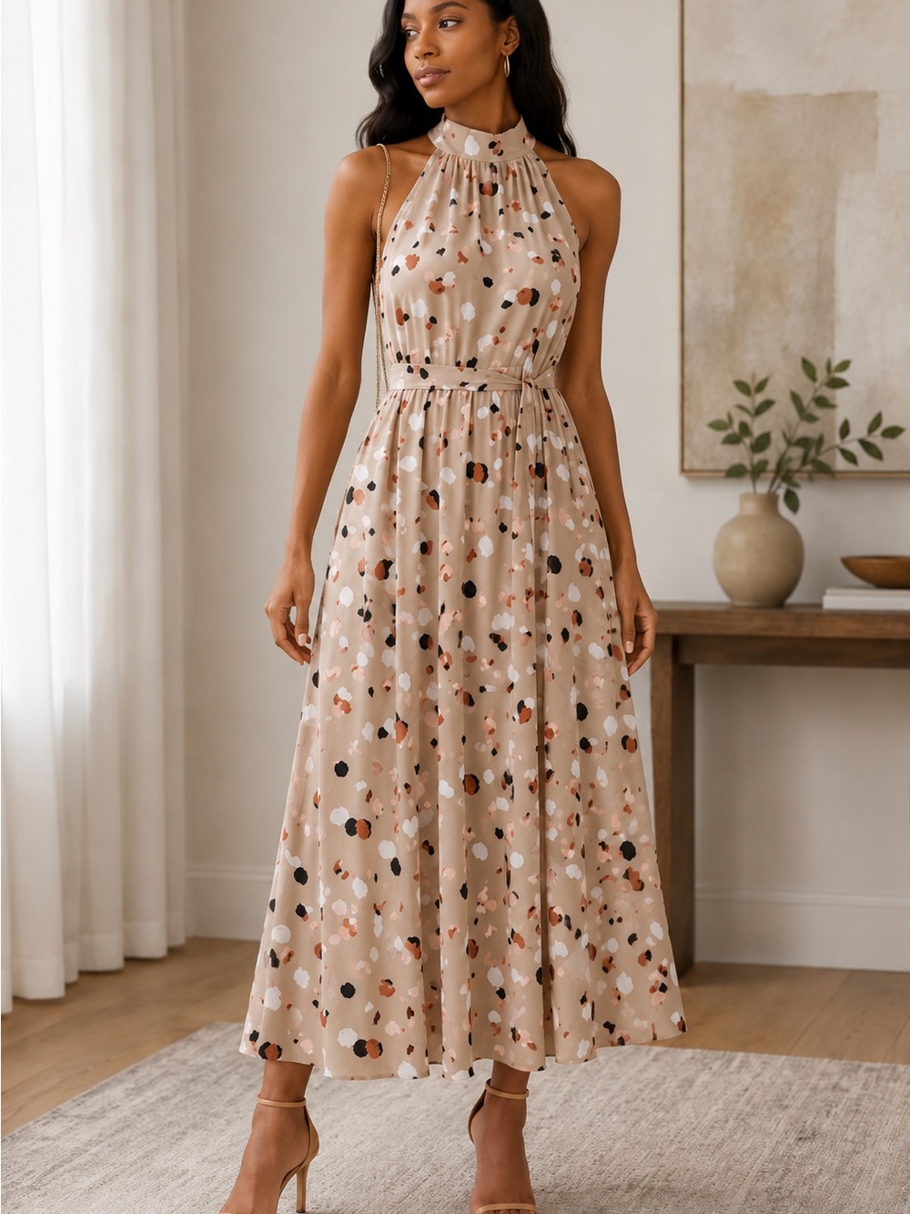 The Limited TAN PETALS Jersey Halter Dress multi-color. M